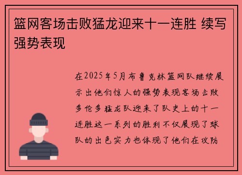 篮网客场击败猛龙迎来十一连胜 续写强势表现